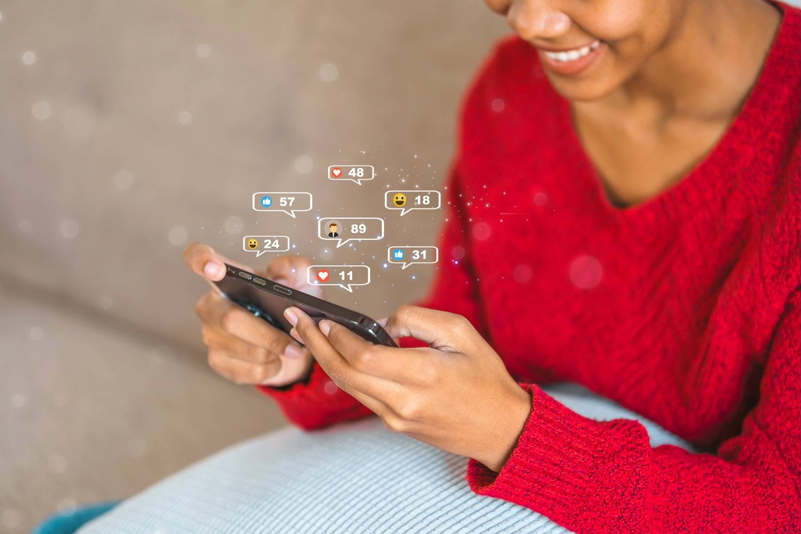 Upward Arrow Photos - 39 Social media, woman receiving notifications on her phone.