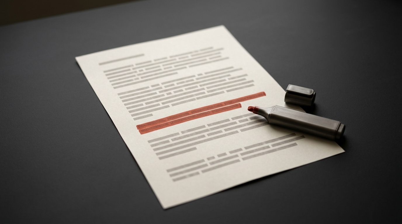 Is answer engine optimization replacing SEO or sitting alongside it? A highlighter marks a short text block on a printed document lying on a dark wooden surface.