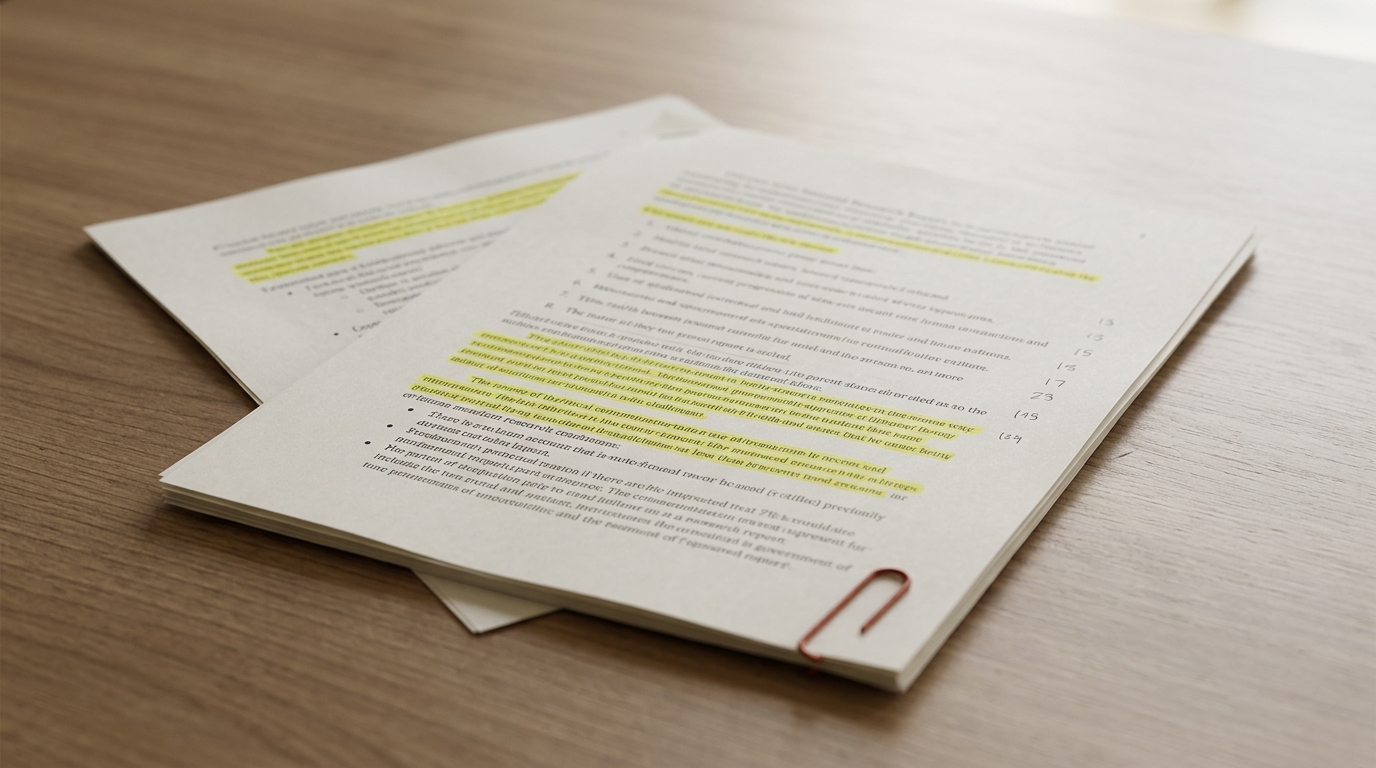 The Citation Layer: How AI Assistants Decide Who to Recommend A printed document on a desk with yellow highlighted text and handwritten numbers in the margin.