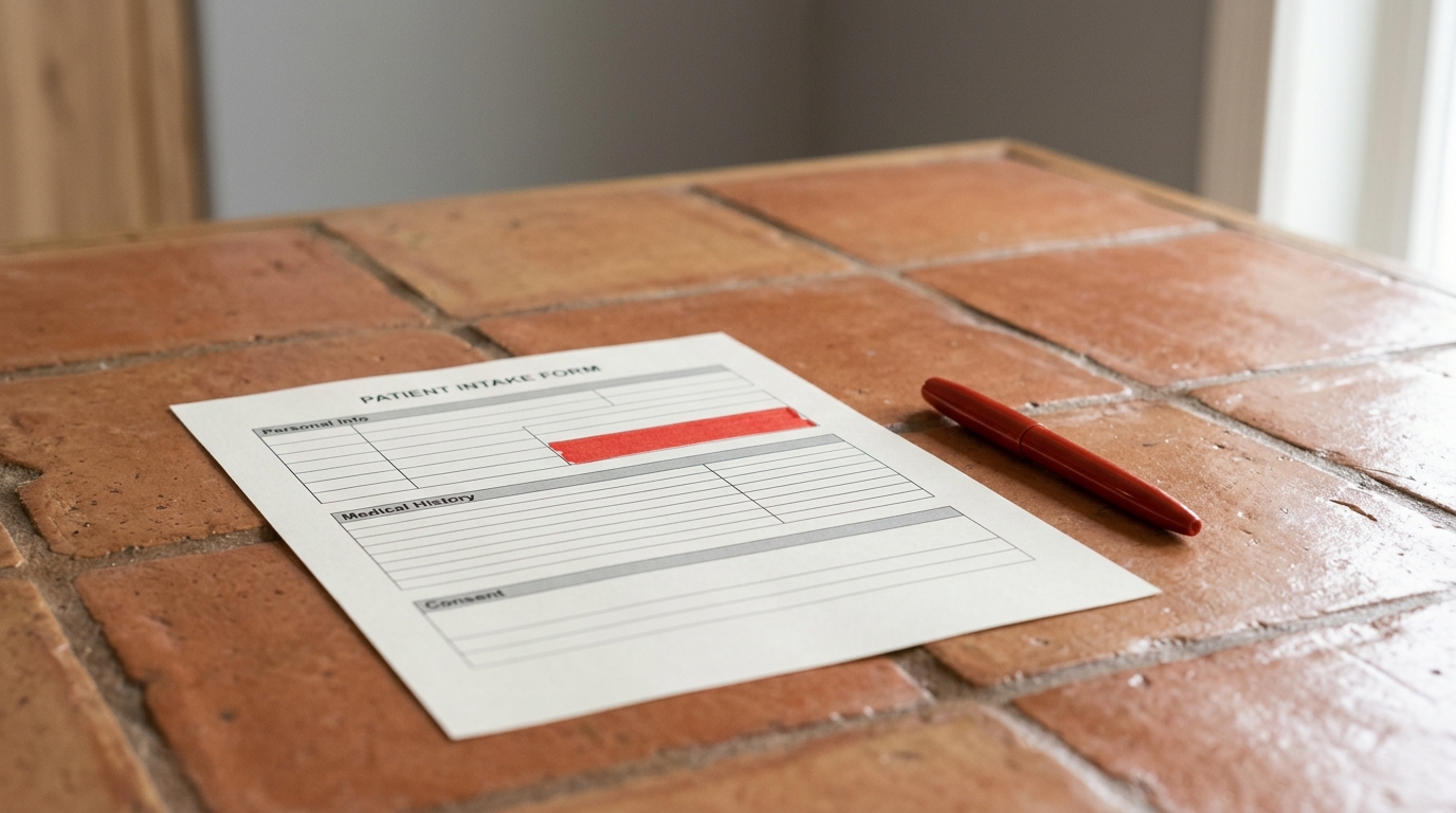 How do we track traffic and leads that come from AI assistants? A printed intake form with a highlighted field lies on a terracotta tile table beside a red pen.