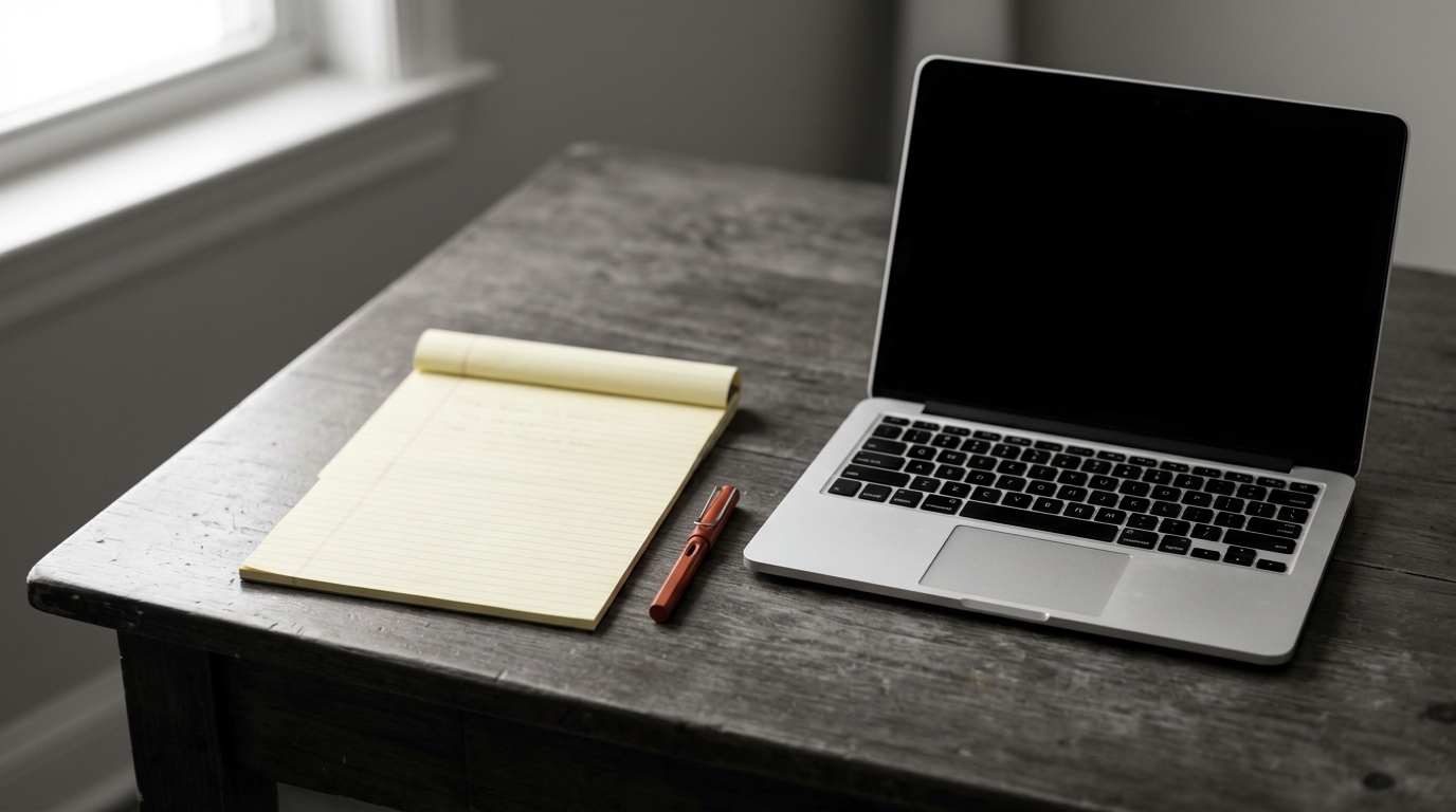 Strategic Naming in the Age of AI Discovery A yellow legal pad with handwritten brand names listed in black ink next to an open laptop keyboard.
